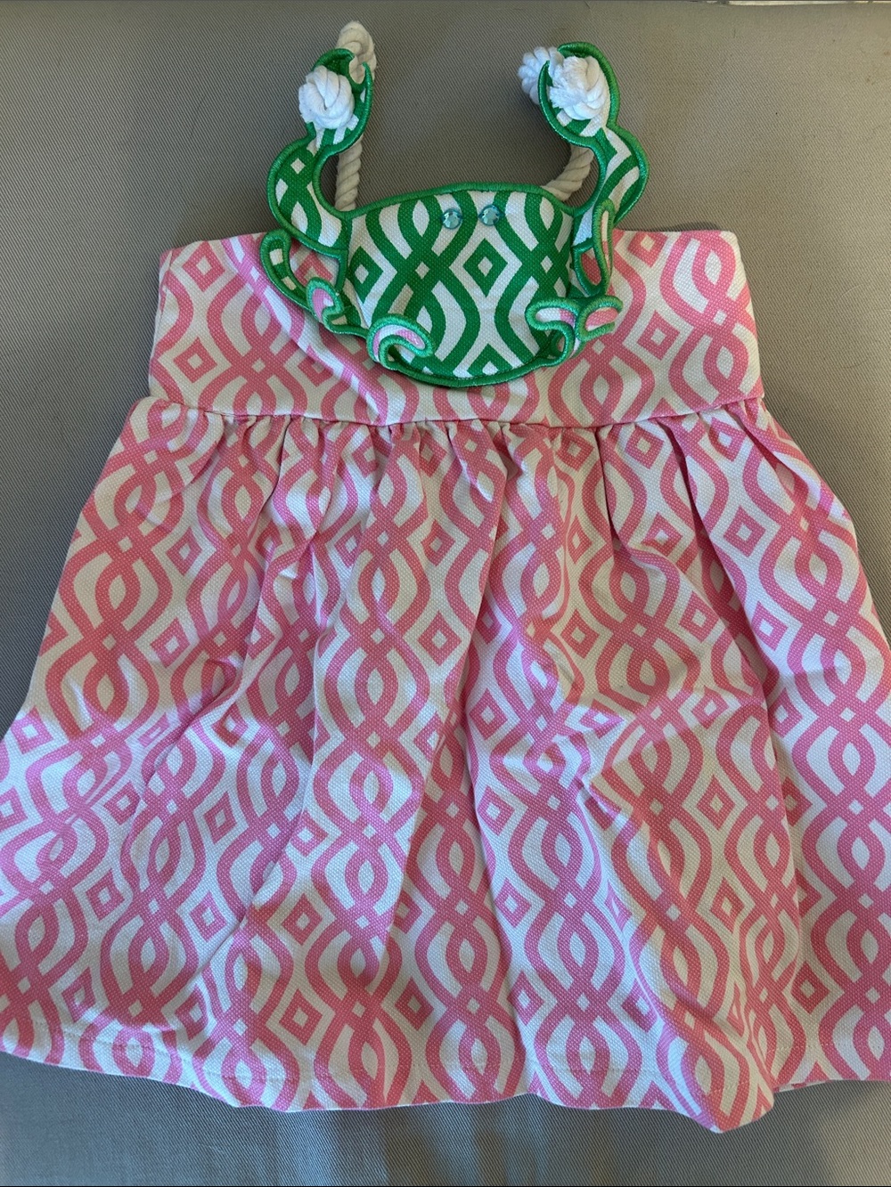 Mud Pie Pink Geometric Print Dress with Green Crab & Rope Accent